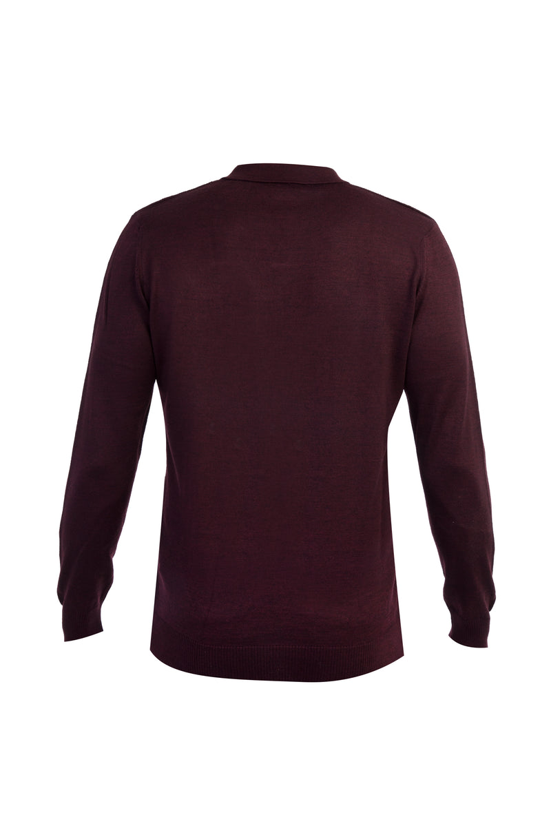 Bordo Polo Yaka Slim Fit Dar Kesim Yünlü Desenli Triko Kazak