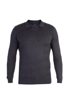 Antrasit Polo Yaka Slim Fit Dar Kesim Yünlü Desenli Triko Kazak