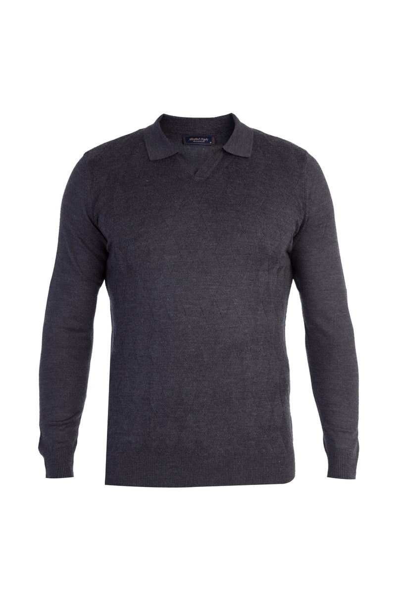 Antrasit Polo Yaka Slim Fit Dar Kesim Yünlü Desenli Triko Kazak