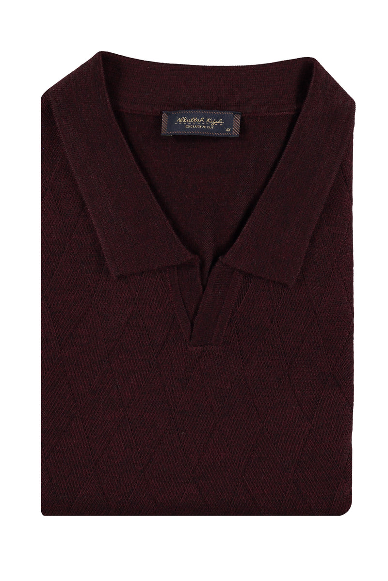 Bordo Büyük Beden Polo Yaka Regular Fit Yünlü Triko Kazak