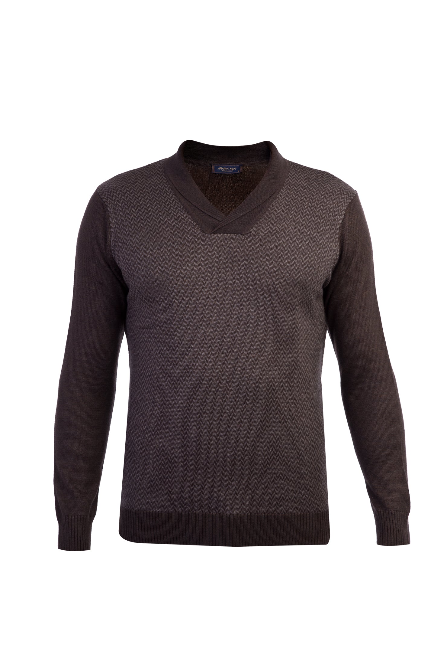 Kahve Şal Yaka Regular Fit Yünlü Desenli Triko Kazak