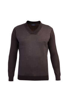 Kahve Şal Yaka Regular Fit Yünlü Desenli Triko Kazak