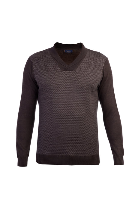 Kahve Şal Yaka Regular Fit Yünlü Desenli Triko Kazak