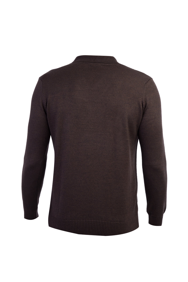 Kahve Şal Yaka Regular Fit Yünlü Desenli Triko Kazak