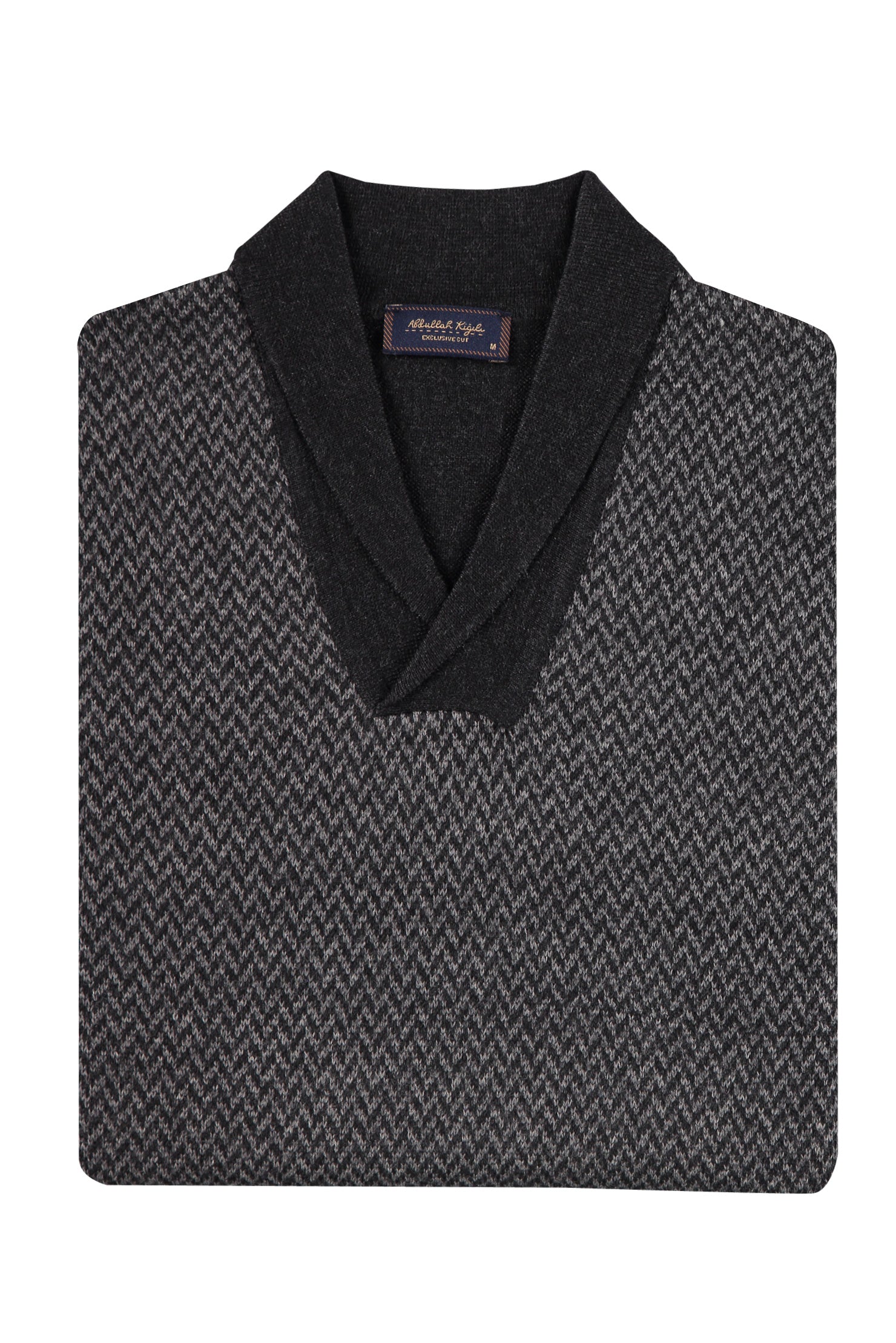 Antrasit Şal Yaka Regular Fit Yünlü Desenli Triko Kazak