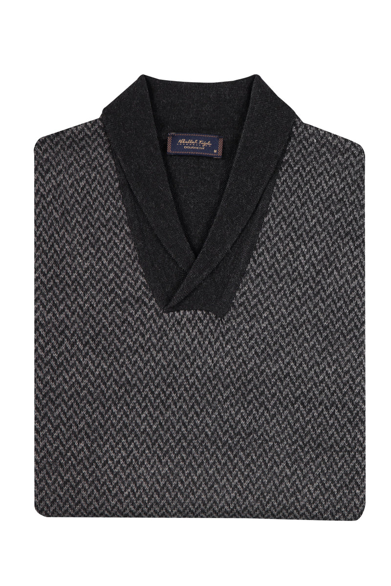 Antrasit Şal Yaka Regular Fit Yünlü Desenli Triko Kazak