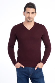 Bordo V Yaka Slim Fit Dar Kesim Yünlü Triko Kazak