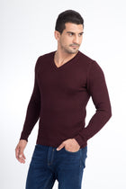 Bordo V Yaka Slim Fit Dar Kesim Yünlü Triko Kazak