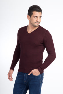 Bordo V Yaka Slim Fit Dar Kesim Yünlü Triko Kazak