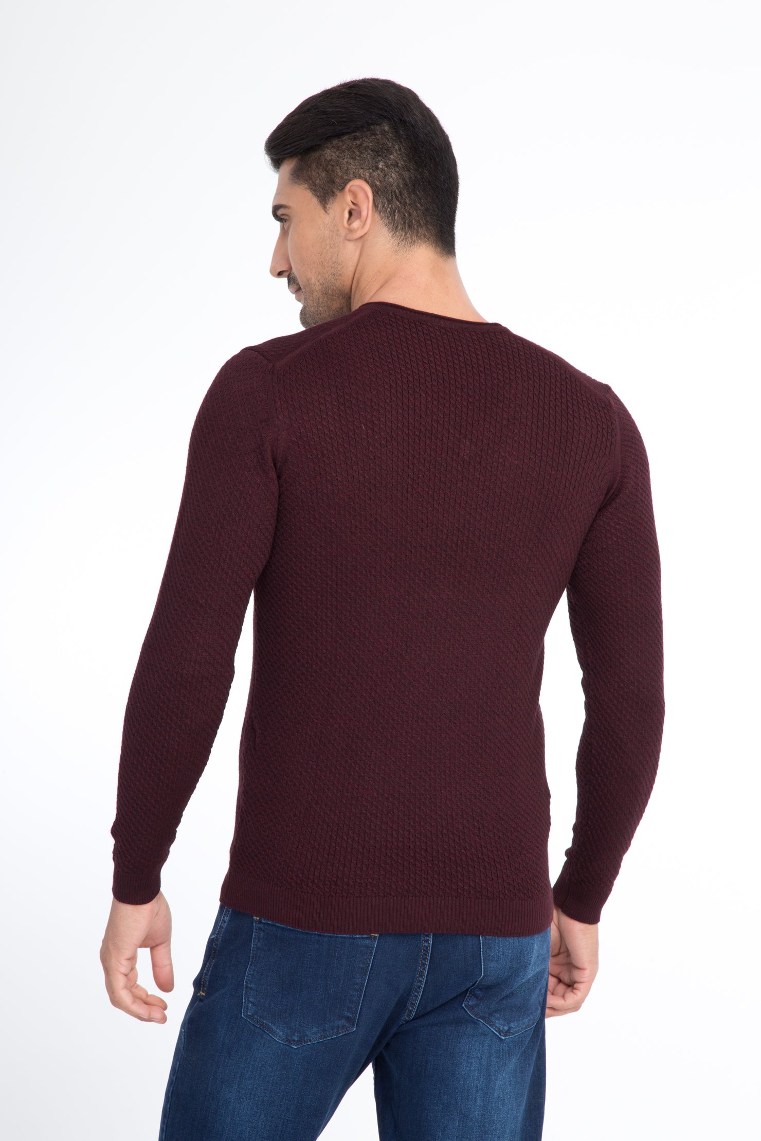 Bordo V Yaka Slim Fit Dar Kesim Yünlü Triko Kazak