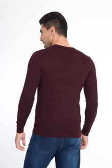 Bordo V Yaka Slim Fit Dar Kesim Yünlü Triko Kazak