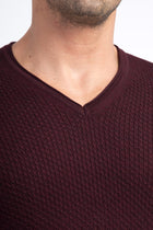 Bordo V Yaka Slim Fit Dar Kesim Yünlü Triko Kazak