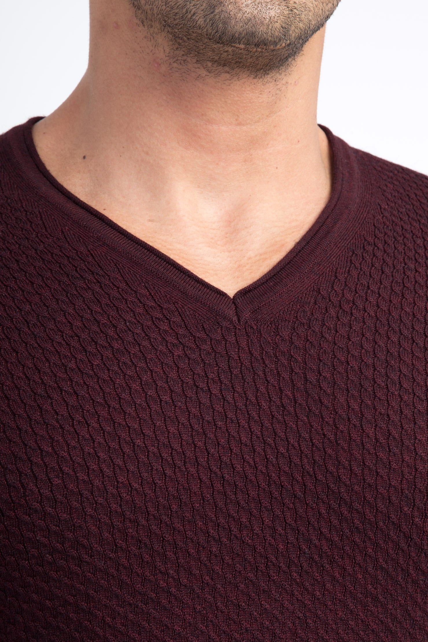 Bordo V Yaka Slim Fit Dar Kesim Yünlü Triko Kazak