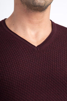 Bordo V Yaka Slim Fit Dar Kesim Yünlü Triko Kazak