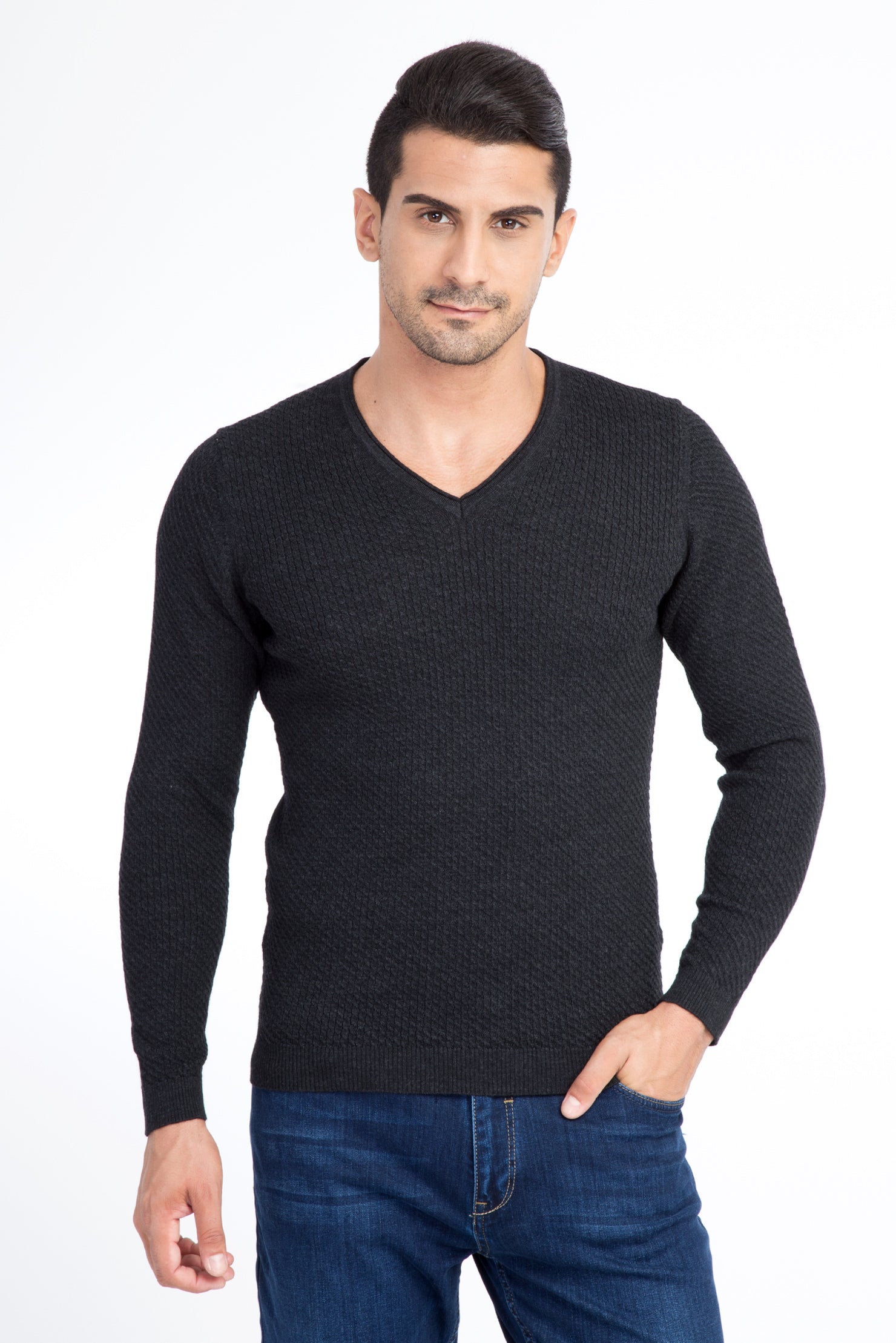 Antrasit V Yaka Slim Fit Dar Kesim Yünlü Triko Kazak