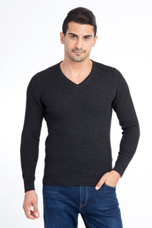 Antrasit V Yaka Slim Fit Dar Kesim Yünlü Triko Kazak
