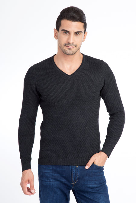 Antrasit V Yaka Slim Fit Dar Kesim Yünlü Triko Kazak