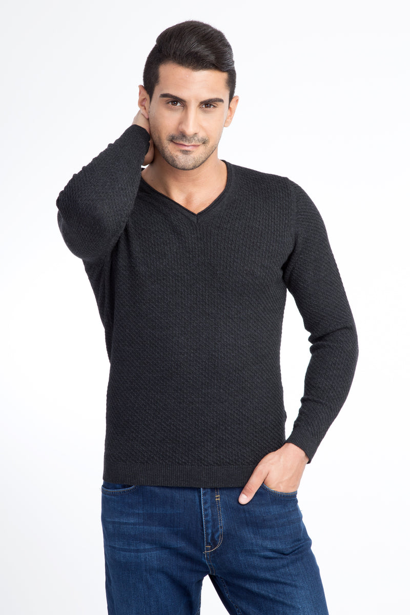 Antrasit V Yaka Slim Fit Dar Kesim Yünlü Triko Kazak