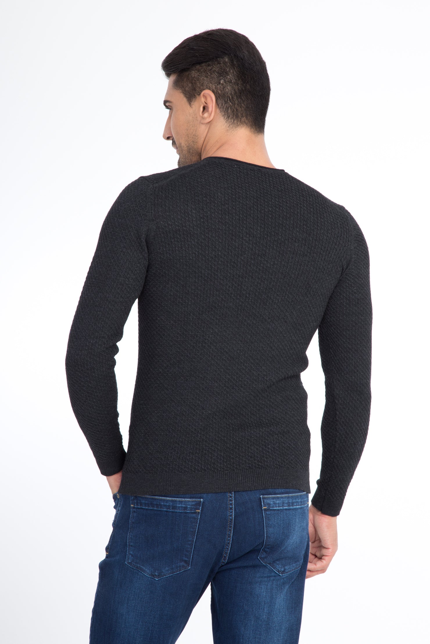 Antrasit V Yaka Slim Fit Dar Kesim Yünlü Triko Kazak