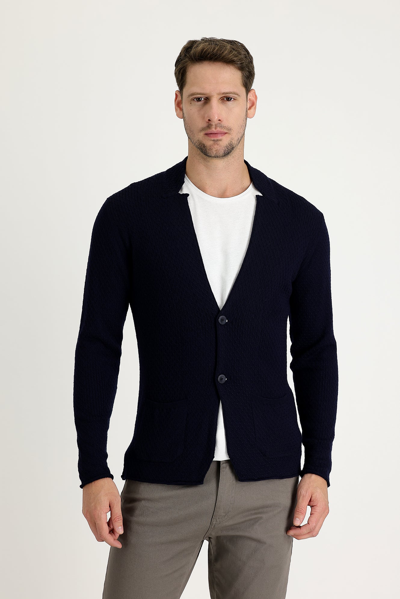 Lacivert Slim Fit Dar Kesim Yünlü Triko Hırka