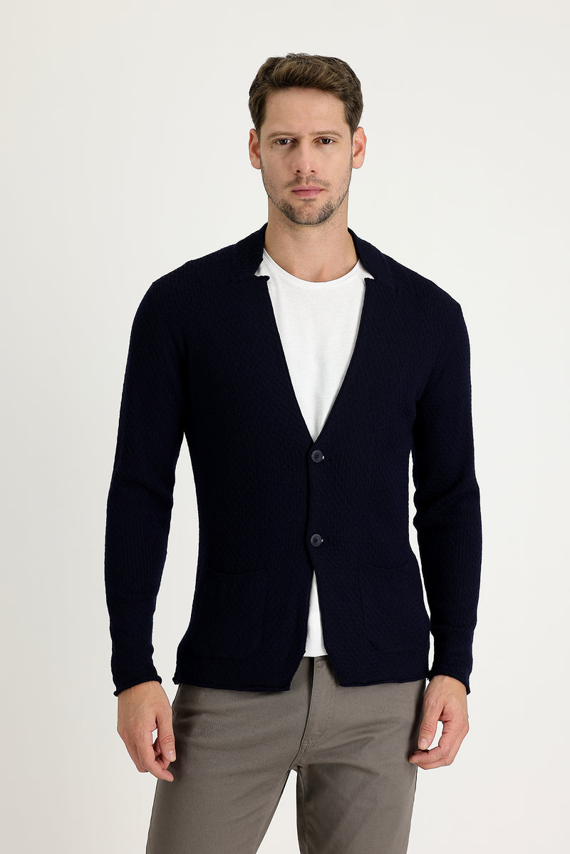 Lacivert Slim Fit Dar Kesim Yünlü Triko Hırka