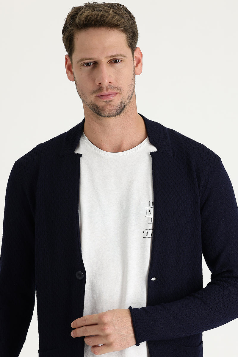 Lacivert Slim Fit Dar Kesim Yünlü Triko Hırka