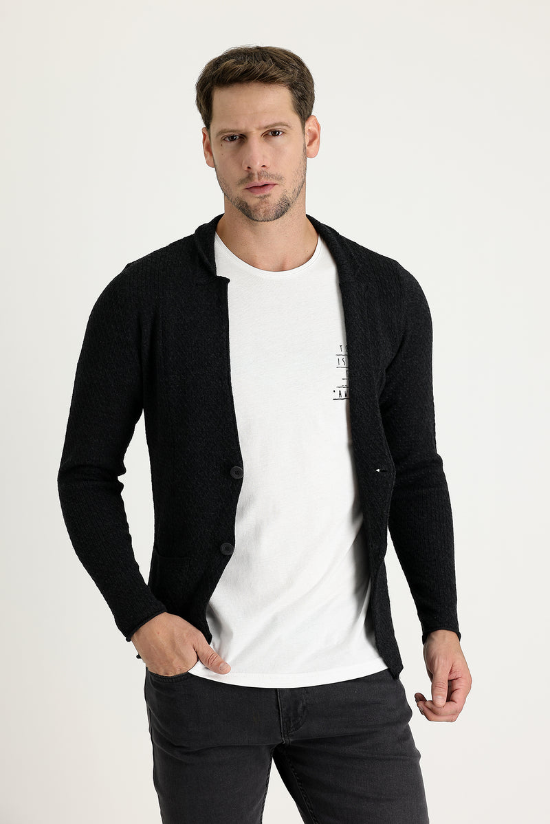 Antrasit Slim Fit Dar Kesim Yünlü Triko Hırka