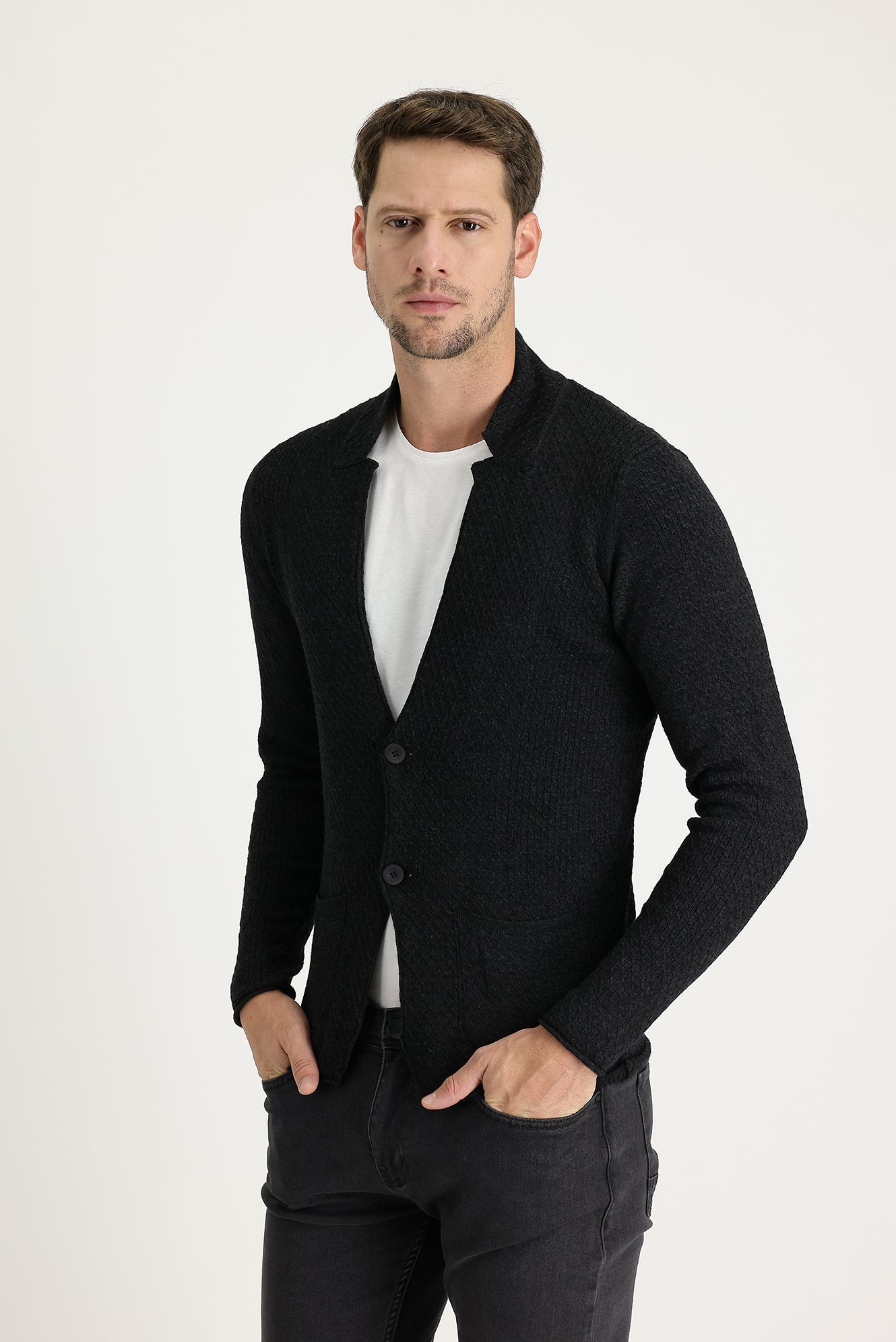 Antrasit Slim Fit Dar Kesim Yünlü Triko Hırka