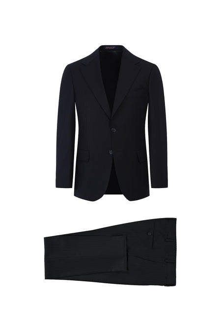 Siyah Slim Fit Dar Kesim Çizgili Yün Takım Elbise