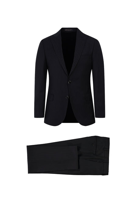 Siyah 7 Drop Slim Fit Dar Kesim Sivri Yaka Çizgili Yün Tak?m Elbise-Abdullah Ki??l?