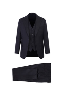 Siyah Slim Fit Dar Kesim Yelekli Çizgili Yün Tak?m Elbise-Abdullah Ki??l?
