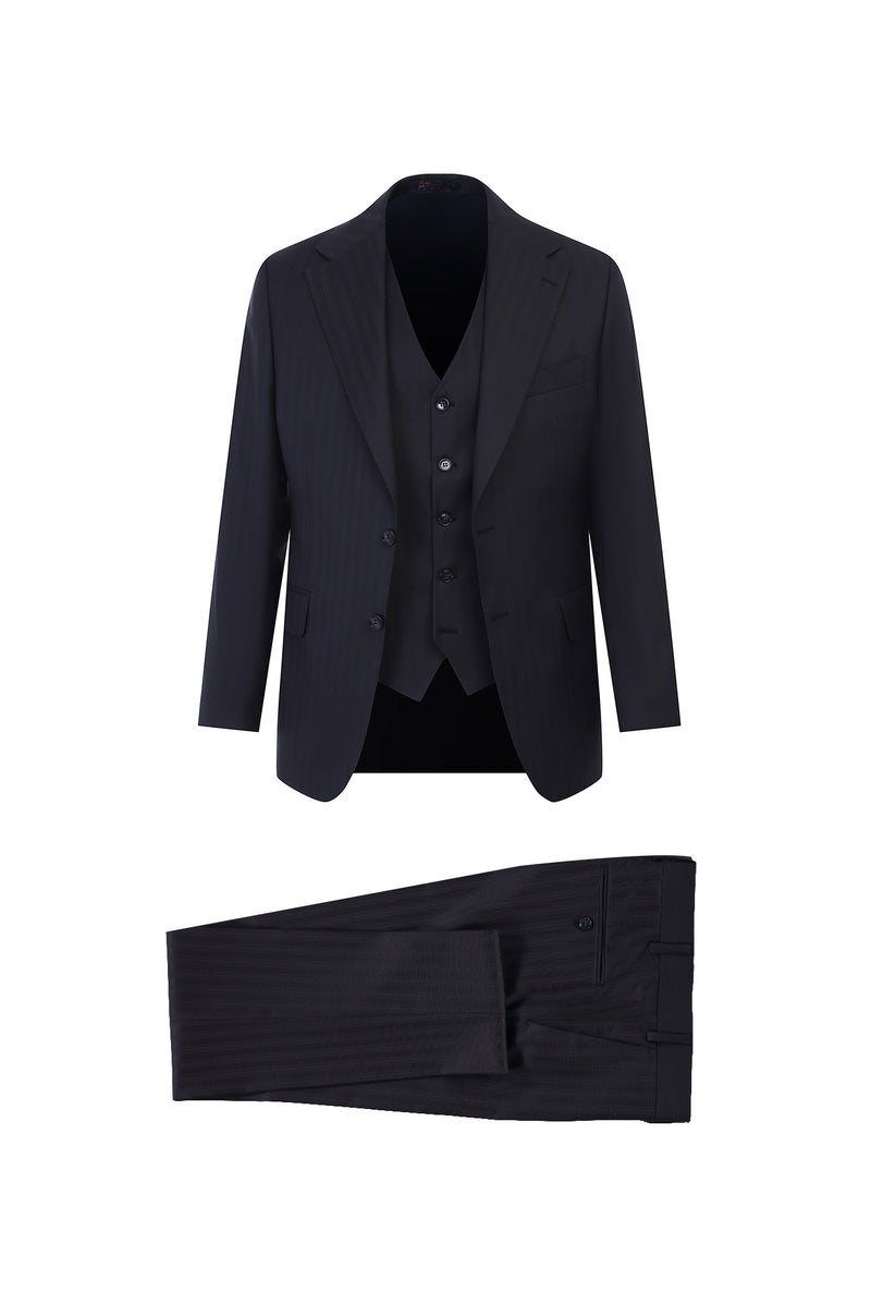 Siyah Slim Fit Dar Kesim Yelekli Çizgili Yün Tak?m Elbise-Abdullah Ki??l?