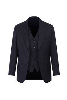 Siyah Slim Fit Dar Kesim Yelekli Çizgili Yün Tak?m Elbise-Abdullah Ki??l?