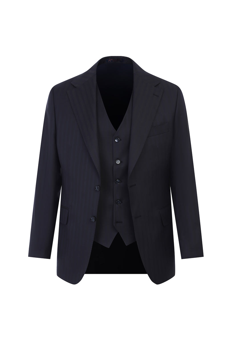 Siyah Slim Fit Dar Kesim Yelekli Çizgili Yün Tak?m Elbise-Abdullah Ki??l?