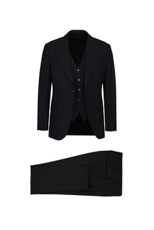 Siyah Slim Fit Dar Kesim Yünlü Yelekli Çizgili Tak?m Elbise-Abdullah Ki??l?