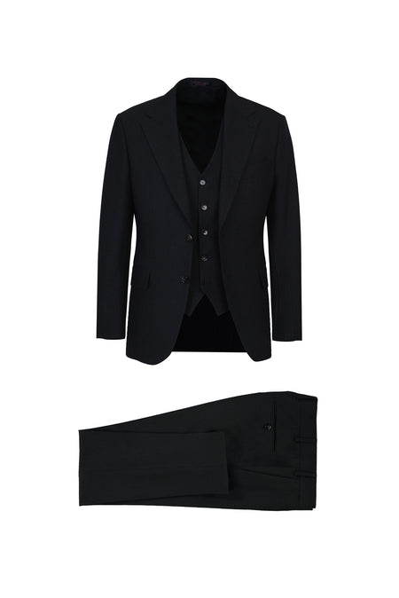 Siyah Slim Fit Dar Kesim Yünlü Yelekli Çizgili Tak?m Elbise-Abdullah Ki??l?