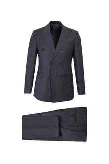 Koyu Füme Slim Fit Dar Kesim Yünlü Çizgili Kruvaze Takım Elbise