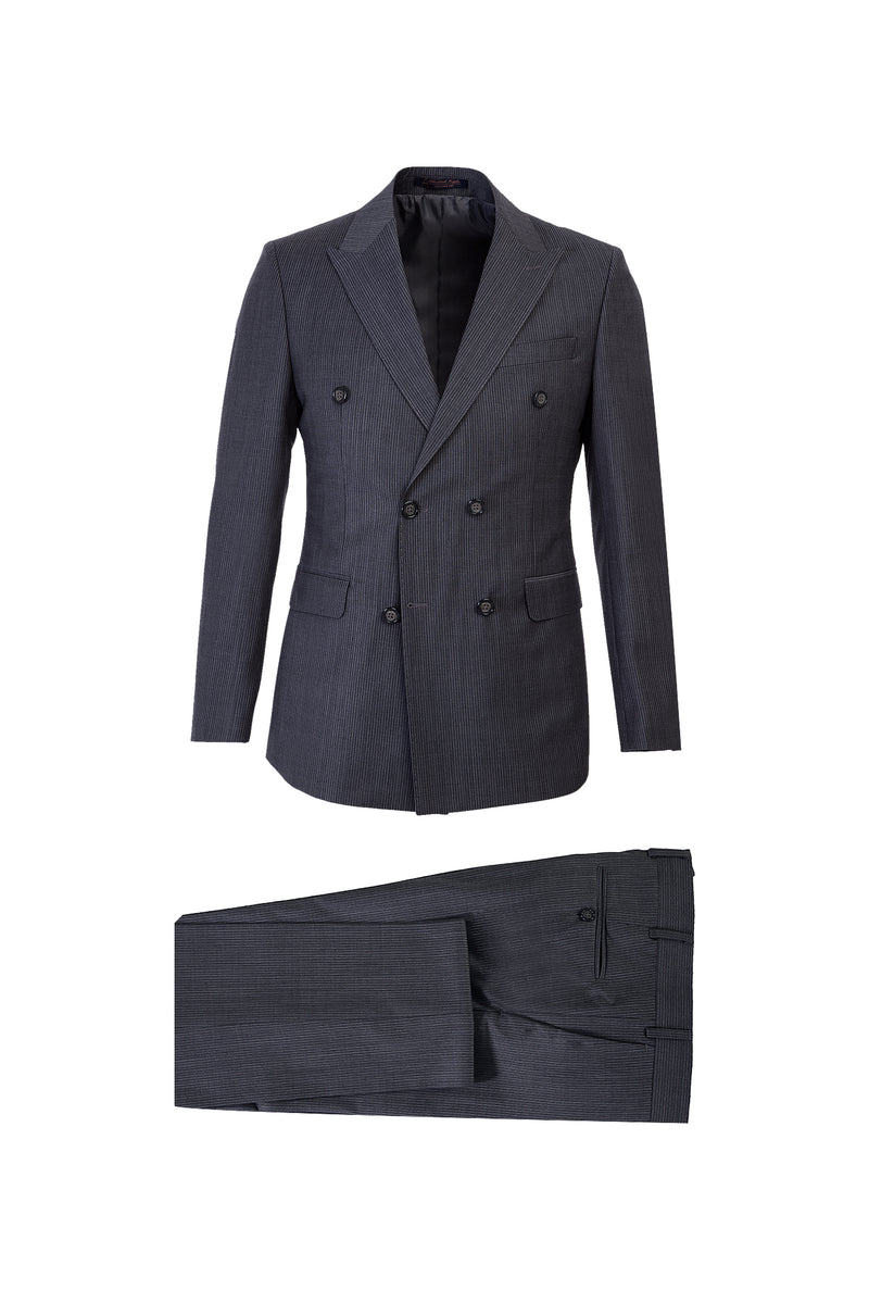 Koyu Füme Slim Fit Dar Kesim Yünlü Çizgili Kruvaze Takım Elbise