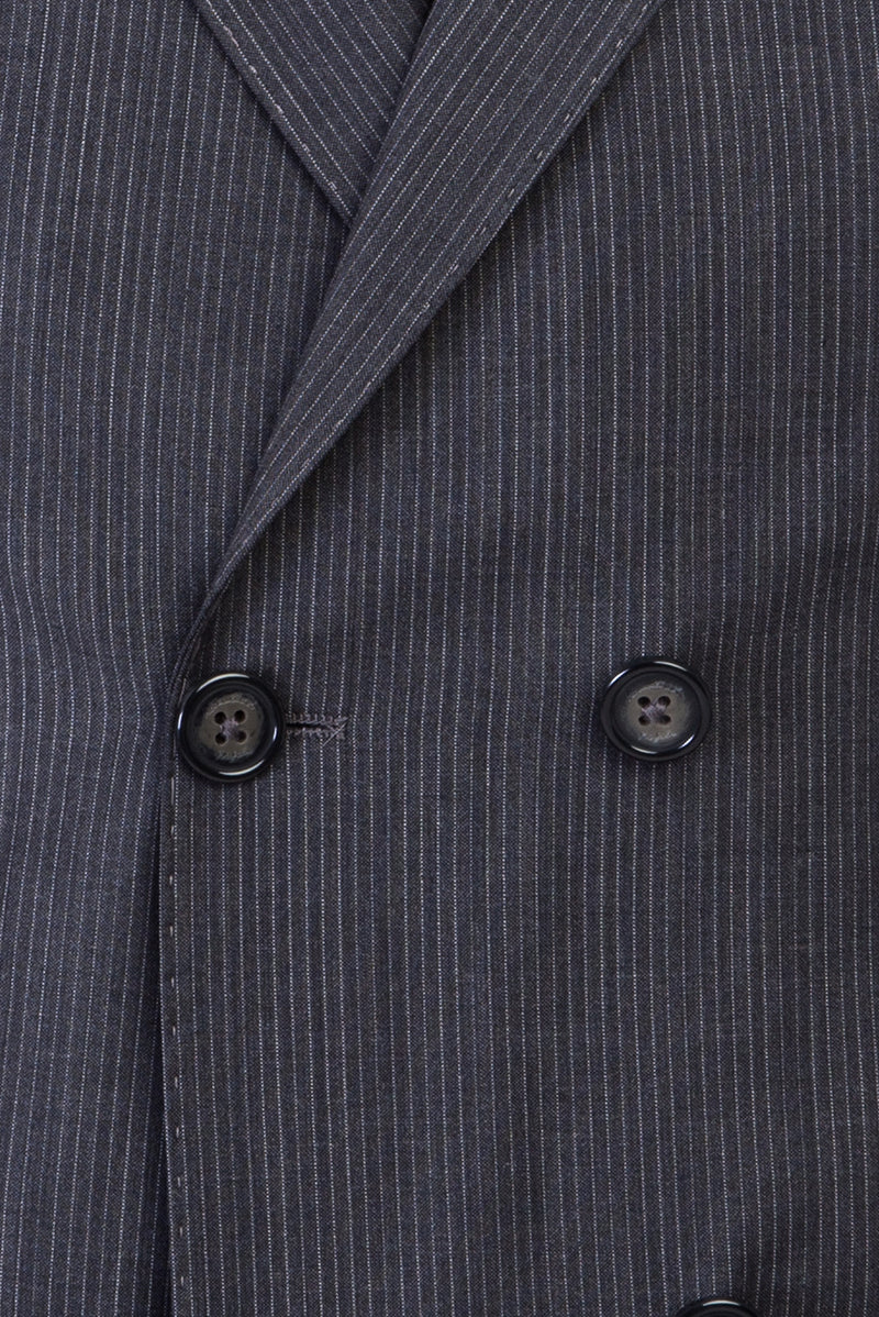 Koyu Füme Slim Fit Dar Kesim Yünlü Çizgili Kruvaze Takım Elbise