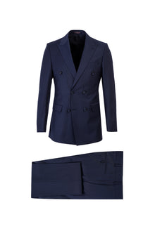Orta Lacivert Regular Fit Yünlü Çizgili Kruvaze Takım Elbise