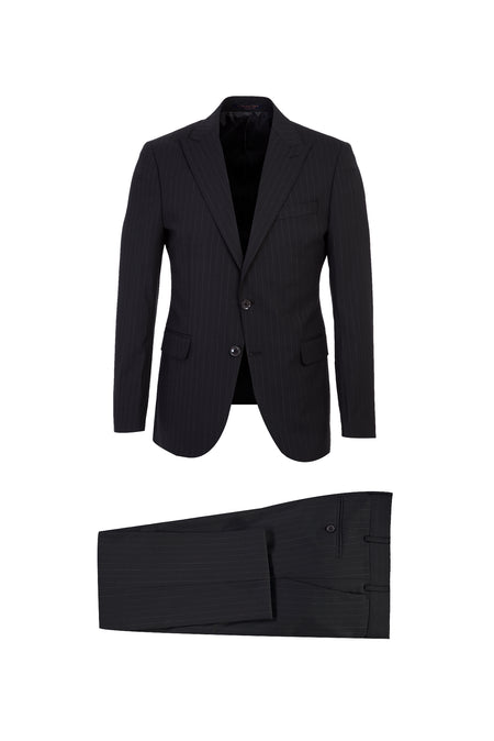 Siyah Slim Fit Dar Kesim Sivri Yaka Yünlü Çizgili Takım Elbise