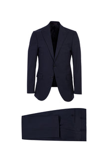 Koyu Lacivert Regular Fit Sivri Yaka Yünlü Çizgili Takım Elbise