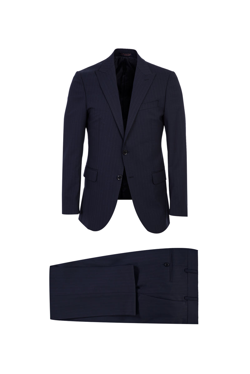 Koyu Lacivert Regular Fit Sivri Yaka Yünlü Çizgili Takım Elbise