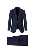 Koyu Lacivert Slim Fit Dar Kesim Yünlü Kareli Takım Elbise