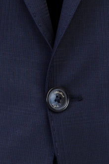 Koyu Lacivert Slim Fit Dar Kesim Yünlü Kareli Takım Elbise