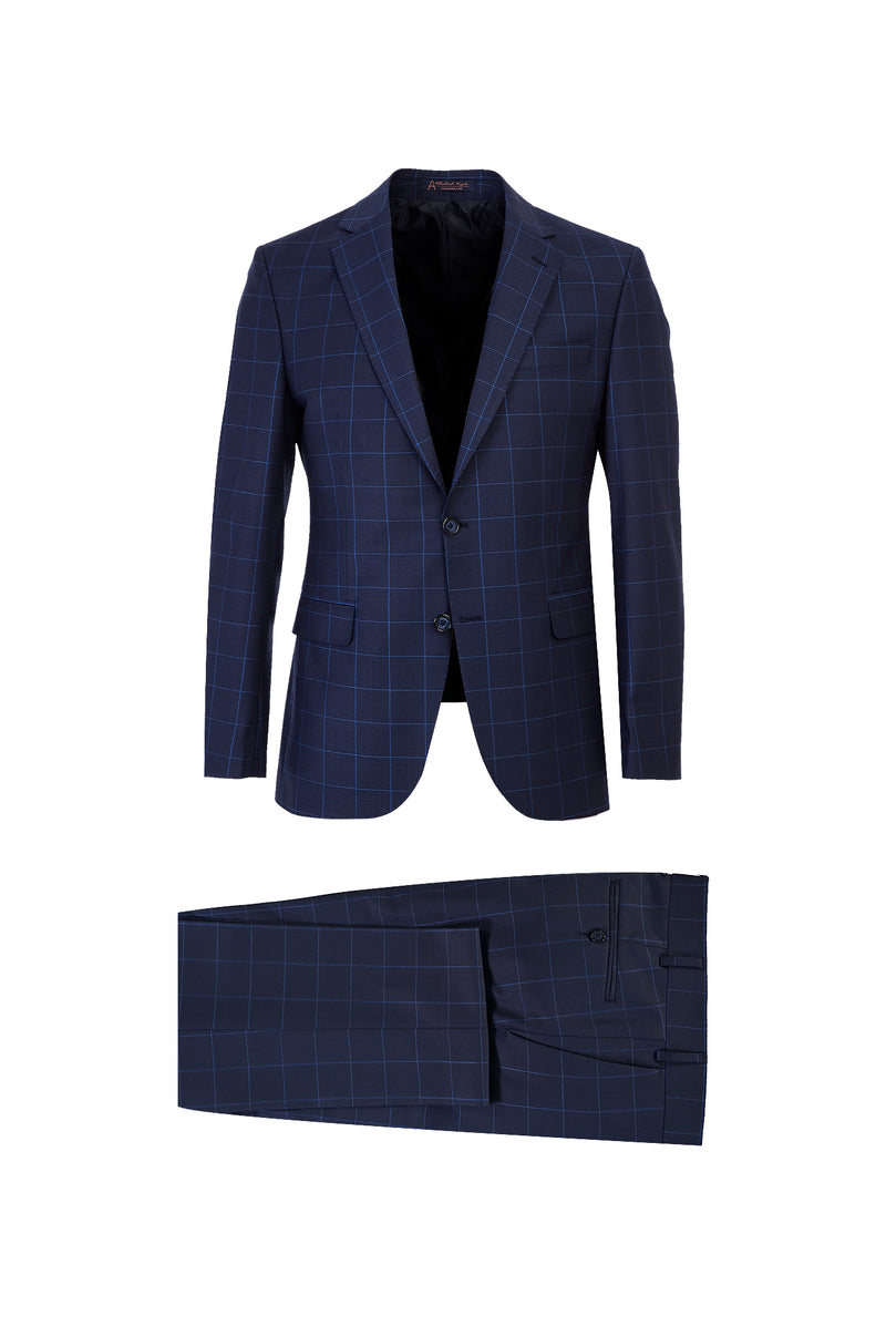 Koyu Lacivert Slim Fit Dar Kesim Yünlü Kareli Takım Elbise