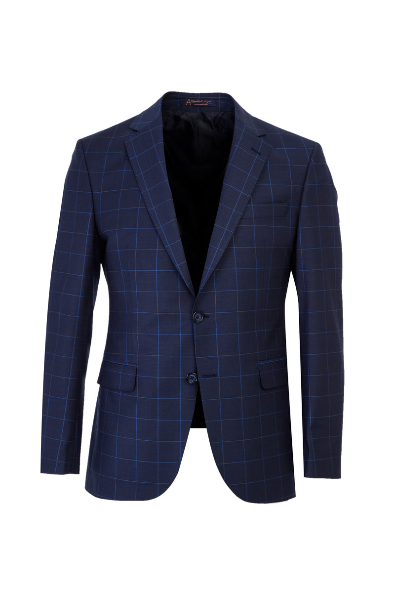 Koyu Lacivert Slim Fit Dar Kesim Yünlü Kareli Takım Elbise