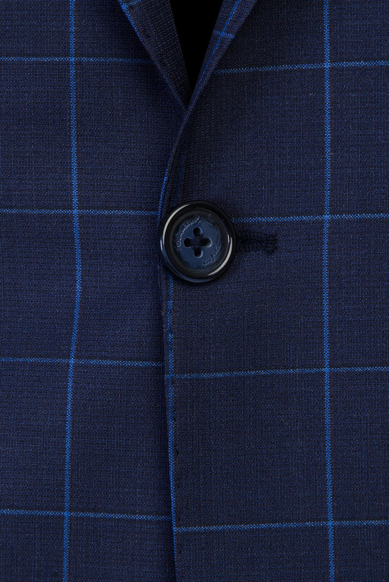 Koyu Lacivert Slim Fit Dar Kesim Yünlü Kareli Takım Elbise
