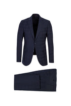 Koyu Lacivert Slim Fit Dar Kesim Yünlü Klasik Ekose Takım Elbise