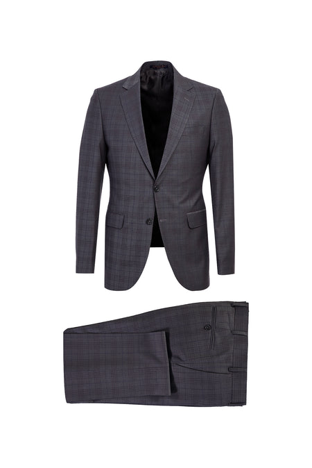 Koyu Füme Slim Fit Dar Kesim Yünlü Ekose Takım Elbise